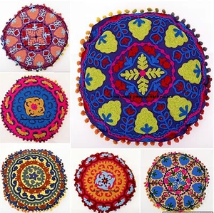 INDIAN SUZANI EMBROIDERED ROUND PILLOW CUSHION COVER Colorful Decorative Throw - Picture 1 of 25