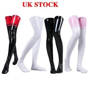 UK Women's Wetlook Leather Thigh High Stay up Stockings Anti Skid Long Socks - Picture 1 of 32
