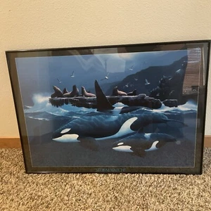 Vintage DON MCMICHAEL art serigraph STORM WATCH print Framed Ocean Orcas Seals - Picture 1 of 6