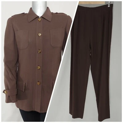 Valentino 70s Pantsuit Women 12 Brown Wool Gold Button Quiet Luxury Old Money - Image 1 of 4