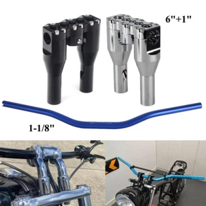 1-1/8" Blue Handlebar w/ 6" + 1" Handlebar Riser Kit For Harley Sportster XL1200 - Picture 1 of 13
