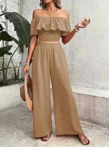 Solid Elegant Two-piece Set, Off Shoulder Top & Wide Leg Pants Outfits Size S - Picture 1 of 5