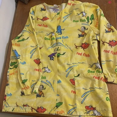 Dr Seuss Women's Large Medical Scrub Jacket One Fish Two Fish Yellow - Image 1 of 4