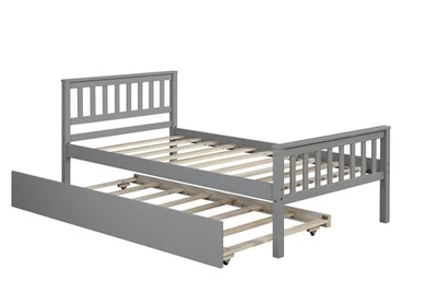 Grey Twin Platform Bed with Trundle – Space-Saving Frame with Headboard & - Image 1 of 4