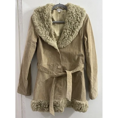 Charlotte Russe Womens Beige Suede Faux Fur Trim Belted Coat Jacket - M - Image 1 of 4