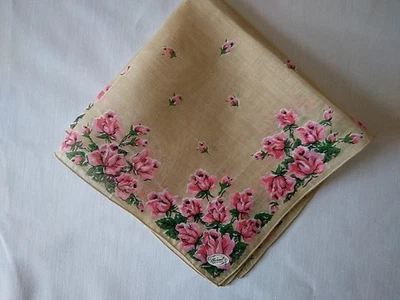 Vintage  Tan Hankie  Handkerchief  Pink  Roses  NOS - Image 1 of 4