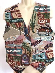 Vintage 90er Route 66 Gobelin Knopf Weste Erwachsene M Satin Liner All Over Print - Bild 1 von 11