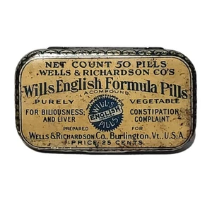 Antique 1900's Wills English Formula Pills Wells Richardson Burlington VT Tin - Picture 1 of 3