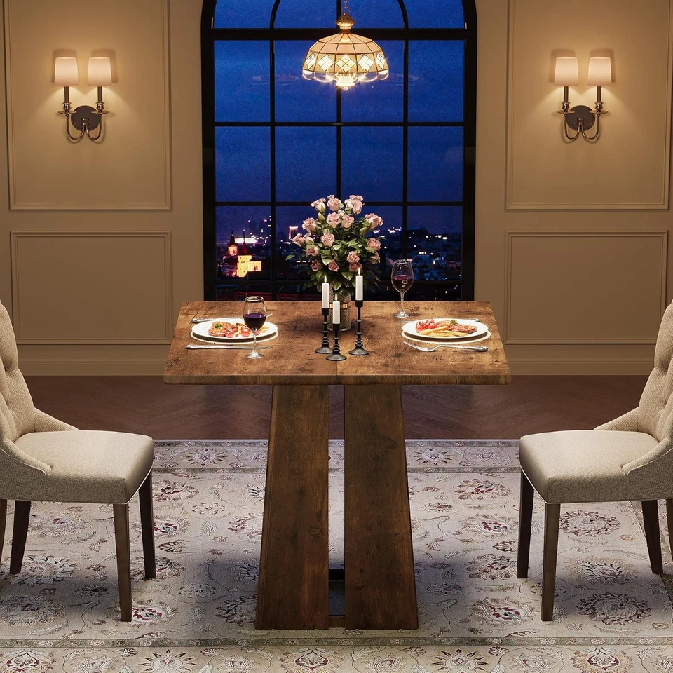 TRIBESIGNS Wooden Square Dining Table for 4, 31.5" Farmhouse Kitchen Table w/ Pedestal Base