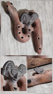 RARE Vintage Ocarina 7 Finger Hole Flute Pottery Snake With Mayan Mask Folk Art - Picture 1 of 23
