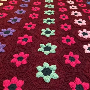 Handmade Afghan Crocheted Flowers Grannycore Burgundy 48 X 73 Blanket Throw - Picture 1 of 5