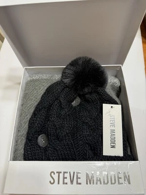 Steve Madden Women's Black Hat Gray Plaid Scarf Knit Gift Set New In Box - Image 1 of 4