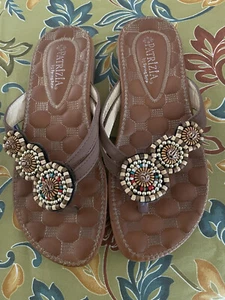 Patrizia by Spring Step Womens Beaded Brown Flip Flops. Sz EU 37. US 5.5. EUC - Picture 1 of 9