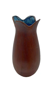 Art Pottery Vase Ruffled Opening Matte Brown w/ Blue Glaze Interior - Picture 1 of 4