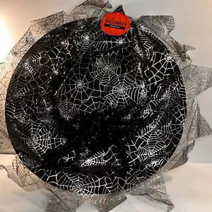 Black Witch Hat Black Glittery Spider & Silver Web One Size Halloween Decor New - Picture 1 of 4