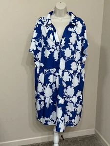 Emery Rose Women’s Blue & White Floral Print Cap Short Sleeve V-Neck Dress 4XL - Picture 1 of 10