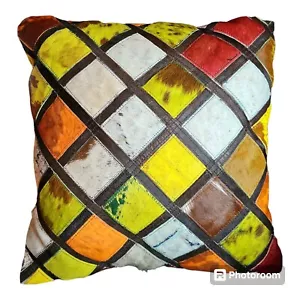 Nourison Southwest Throw Pillow Leather Brown Yellow Diamond 20x20 Geometric - Picture 1 of 9