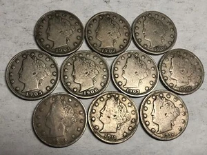 10 ALL DIFFERENT Liberty V nickels 1901-1912. VG-Fine, 6-letters L-BERTY. #1 - Picture 1 of 5
