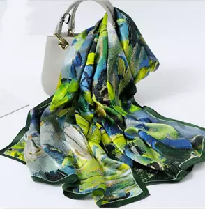100% Satin Silk Scarf Women neckerchief Shawl Wrap floral blue yellow HD1-107 - Picture 1 of 1