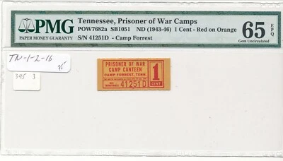 USA WWII POW Camp Chits TN-1-2-1b 1 Cent Camp Forrest Prisoner of War PMG 65EPQ - Image 1 of 2