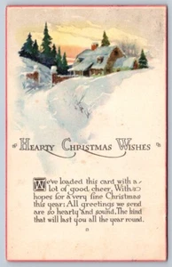 Hearty Christmas Wishes, Rural Winter Homestead Scene, Antique Postcard - Bild 1 von 2