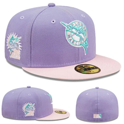 New Era Florida Marlins Fitted Hat Classic Lavender Pink 1993 Inaugural Patch - Image 1 of 4