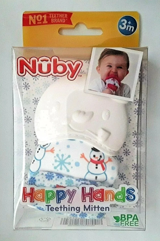 Nuby Happy Hands Baby Teething Mitten BPA-Free Snow Man White 3+ Months - Image 1 of 1