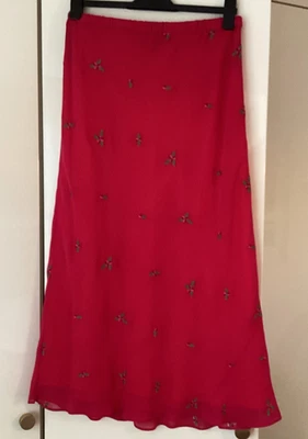 Boden 100% Silk Midi Skirt. Pink with Embroidered Flowers Size 14R - Image 1 of 4