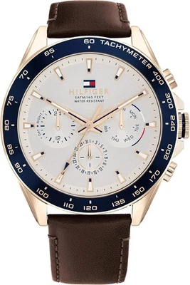 Tommy Hilfiger 1791966 Men's Brown Leather Strap Multifunction White Dial 46mm - Image 1 of 4