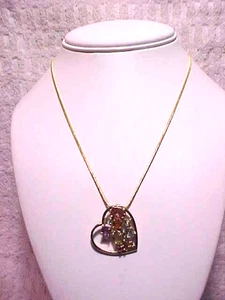 Multi Gemstone Heart Pendant on Gold 16" Choker Chain Necklace - Picture 1 of 5