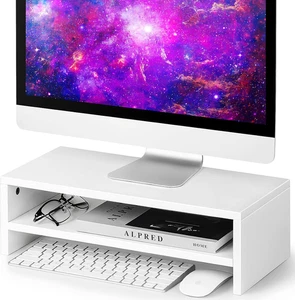 White Wooden Monitor Riser - 2 Tiers, Desk Shelf, Storage, 16.5x7.8x5.2 inch - Picture 1 of 7