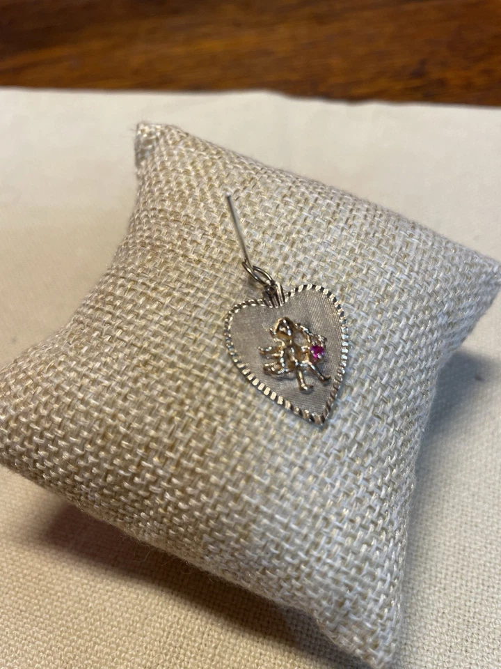 Vintage 14K Yellow Gold Valentine’s Day Heart Cherub Love Cupid Ruby Charm - Image 1 of 4