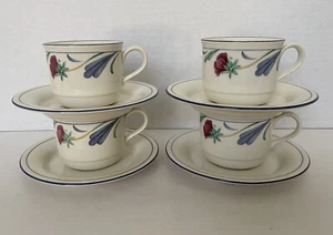 Set 4 Lenox Chinastone POPPIES ON BLUE Flat Coffee Cups Saucers Floral Tea - Picture 1 of 8