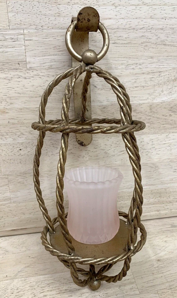 НАСТЕННЫЙ БРА ПОДСВЕЧНИК подвесной витой веревки металла с розовым стеклом обет - Изображение 1 из 4