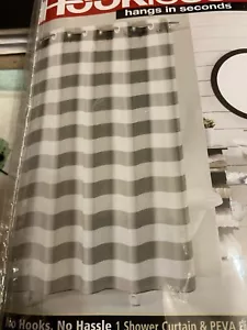 new Fabric HOOKLESS SHOWER CURTAIN  GRAY White Horizontal Stripes Snap In Liner - Picture 1 of 3