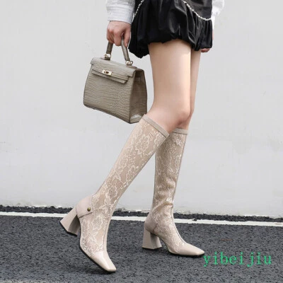 Botas para mujer de encaje flor cuero empalme punta cuadrada hasta la rodilla primavera verano OL Foto 1 de 4