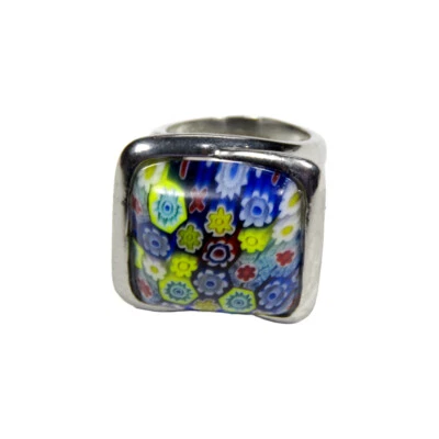 Women's Polished Stainless Steel Floral Square Ring, Size 7 - Image 1 of 2