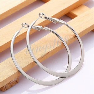 Designer Inspired Genuine 18K White Gold Filled 2" Large Flat Hoop Earrings Q903 - Picture 1 of 1