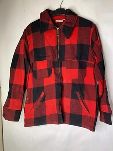 Vtg 50s 60s LL Bean Mens Sz M Script Label Mackinaw Red Black Plaid Hunting Coat - Picture 1 of 14