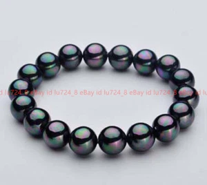 Genuine 8-12mm Rainbow Black South Sea Shell Pearl Round Stretch Bracelet 7.5" - Picture 1 of 12