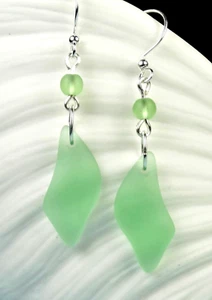 PERIDOT GREEN Cultured sea glass puffed WAVE shape earrings w bead 1-1/2" L - Picture 1 of 2