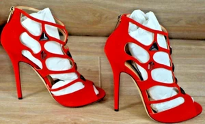 Jimmy Choo Size 8/40 133 Merchant Suede Red High Heels W/ Stones Flame - Picture 1 of 14