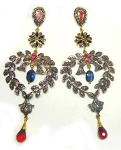 925 Earrings 3.15ct Rose-Cut Diamond with Ruby & Sapphire 4 gift, Free Shipping - Picture 1 of 2