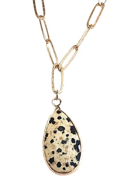 Dalmatian Jasper Teardrop Pendant Necklace Matte Gold Tone Paperclip Chain 20" - Image 1 of 4