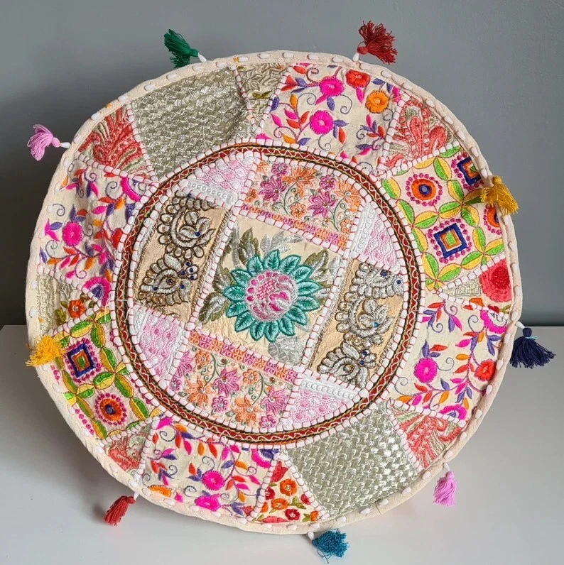 CUBIERTA PUF REDONDO OTOMANA VINTAGE PATCHWORK INDIO HECHO A MANO DE ALGODÓN ÉTNICO Foto 1 de 1