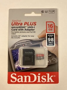 SanDisk 16GB Ultra Plus Micro SDHC UHS-1 Memory Card with Adapter speed 98 MB/s  - Picture 1 of 2