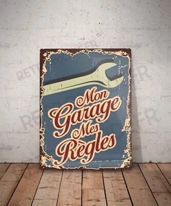 Plaque métal vintage citation Mon Garage Mes Règles Décoration Déco atelier - Picture 1 of 3