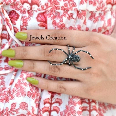Black Spinel Gemstone Spider Web Ring Pave Diamond Jewelry 925 Silver Ring Gifts - Image 1 of 4