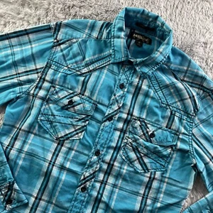 Helix Button Shirt Mens Small Blue Black White Athletic Fit Preppy Grunge Rock - Picture 1 of 9