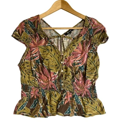 Madewell Shirred Cap-Sleeve Top in Brushstroke Monstera Size Medium EUC - Image 1 of 4